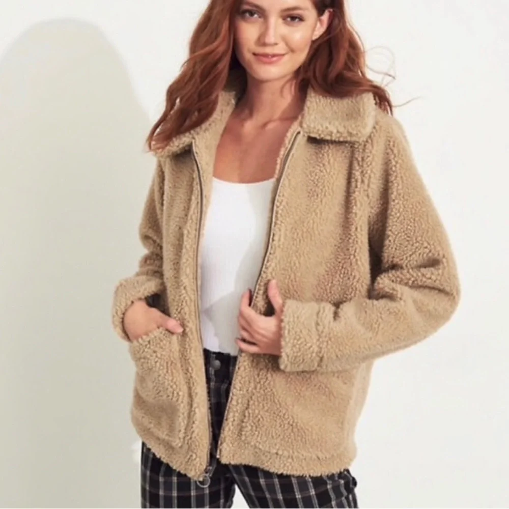 Hollister Teddy Sherpa Hoodie Jacket Brown Fleece Zip Front Size XL Cozy Fall